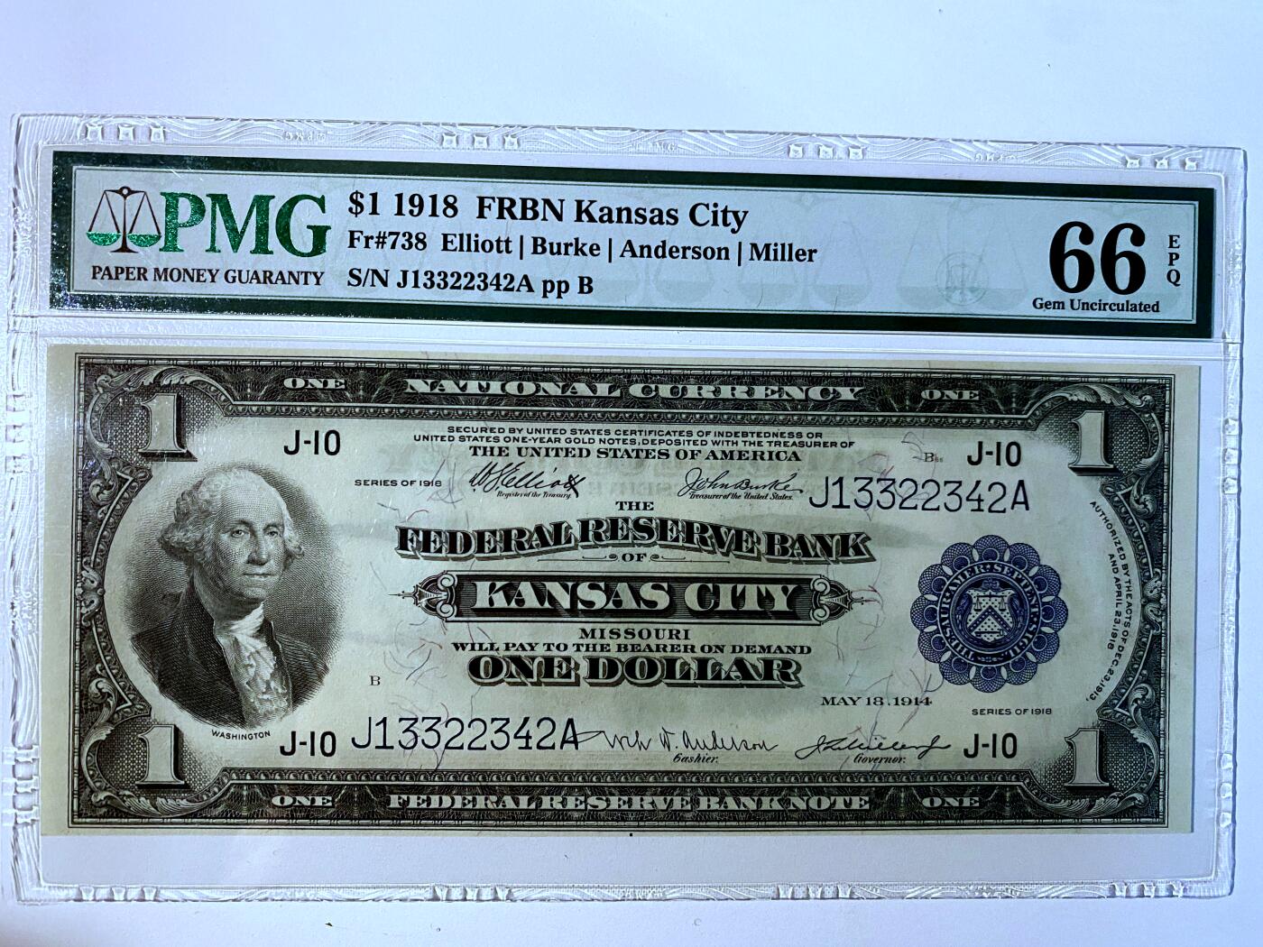 【Blue Auction】✨世界纸币精拍第485期【精】  【仅2张更高分 少见堪萨斯版】美国 1918年1美金 PMG66EPQ 大飞鹰 华盛顿头像 大票幅 