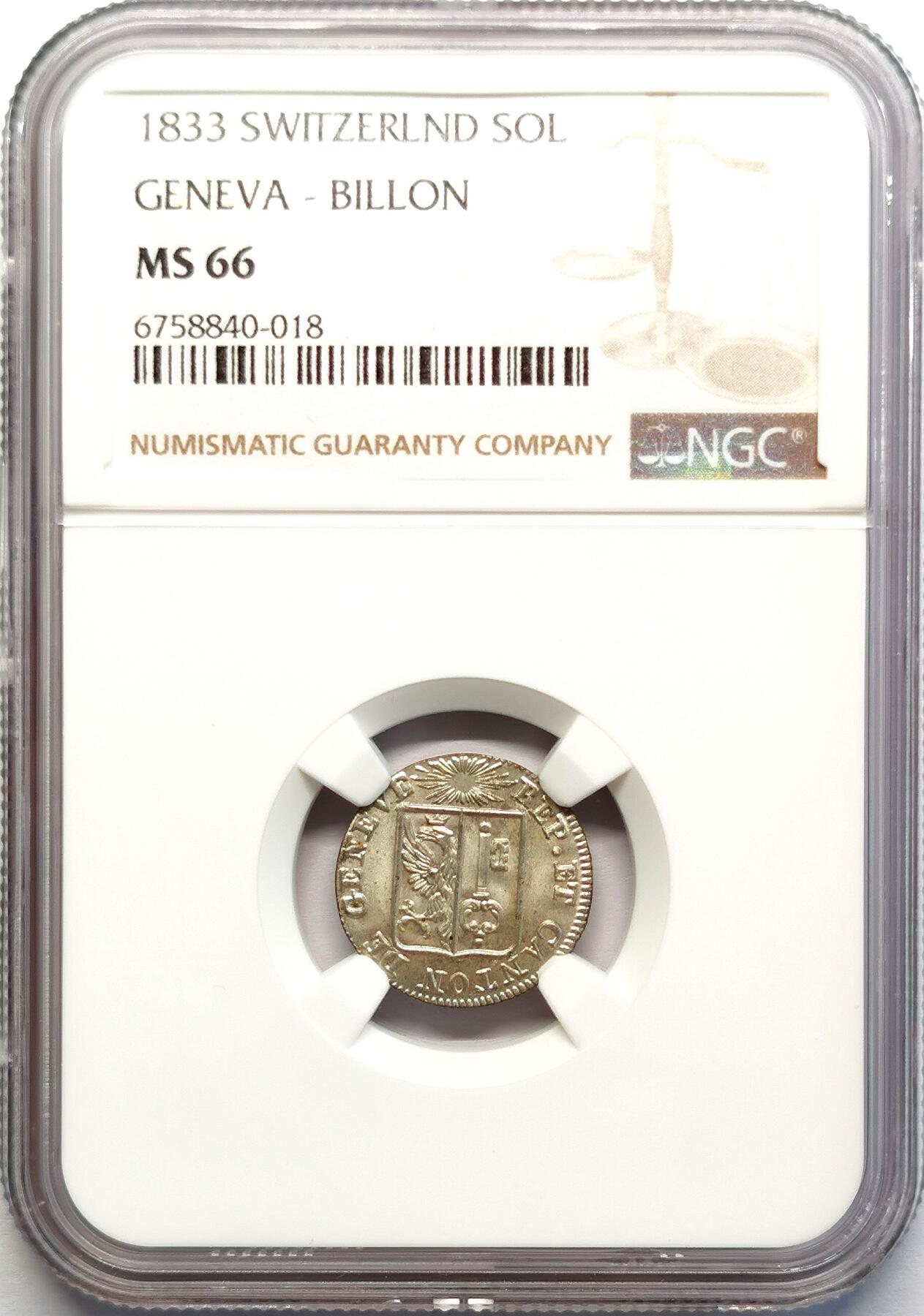 凡希社世界钱币微拍第二百七十一期 1833瑞士日内瓦SOL低银版NGC-MS66顶级品相！