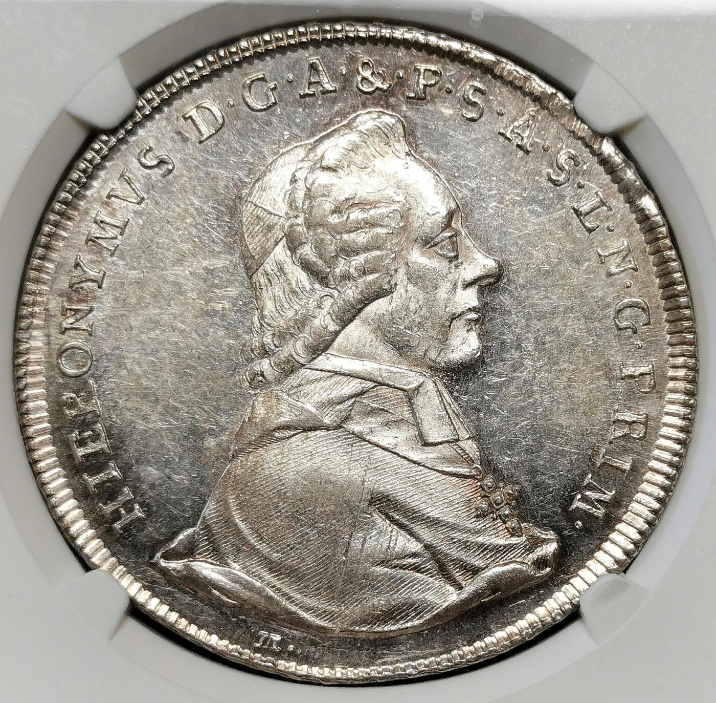 凡希社世界钱币微拍第二百七十一期 1784萨尔茨堡亲王大主教希罗尼穆斯泰勒大银NGC-MS61，椭圆盾徽，原银光质感一流！