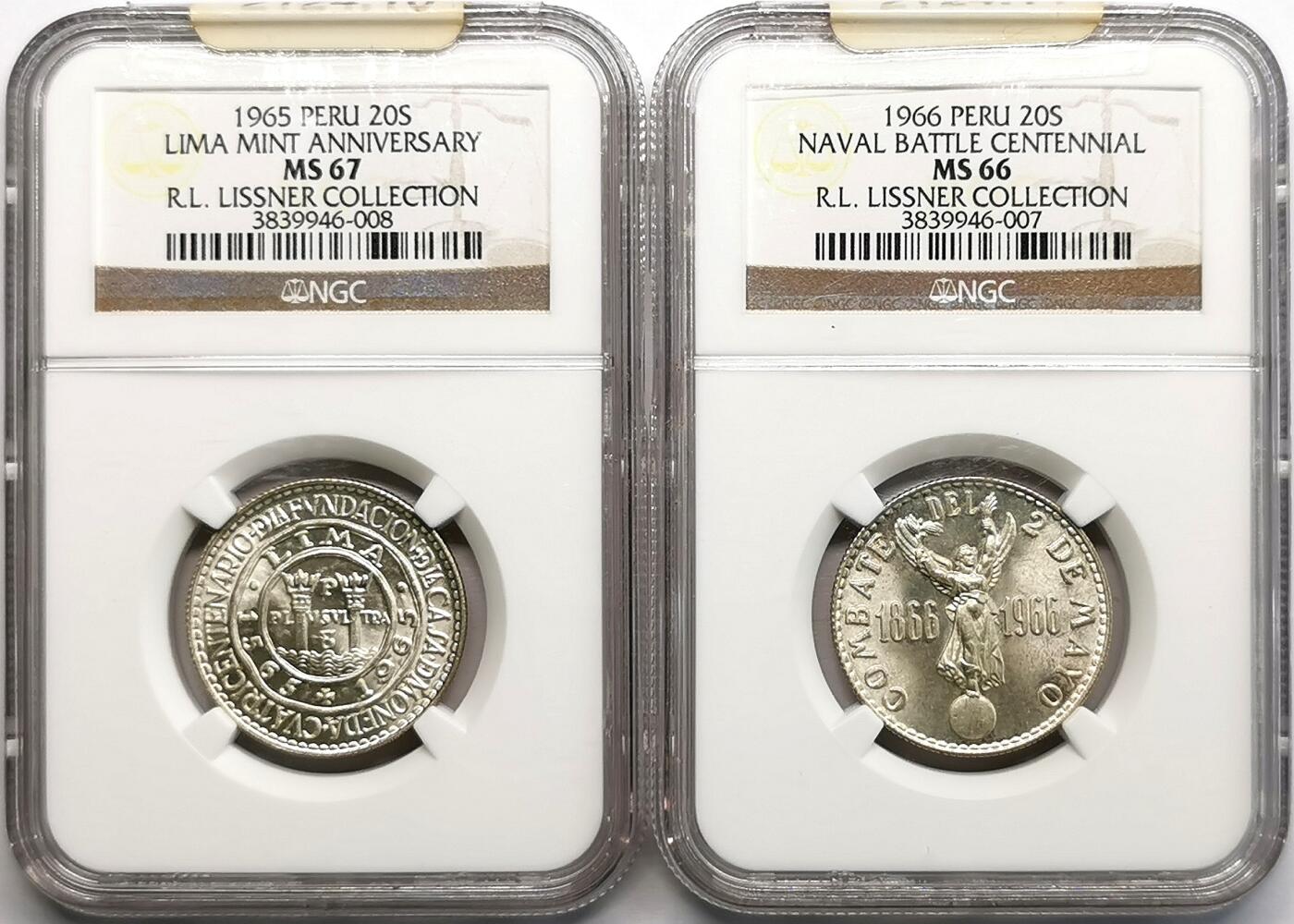 凡希社世界钱币微拍第二百七十一期 1965/6秘鲁20S银币NGC-MS66/67