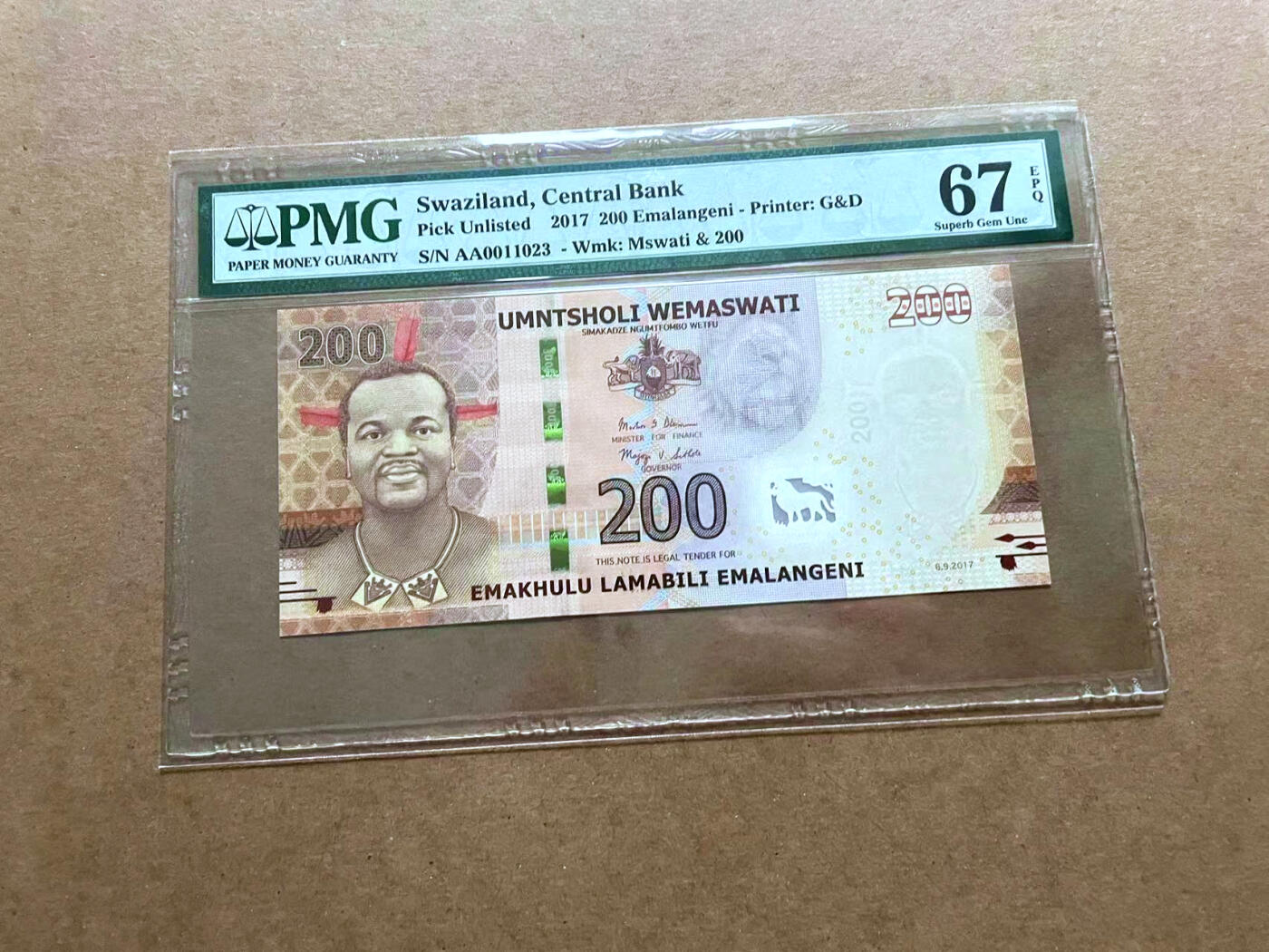 【Blue Auction】✨世界纸币精拍第485期【精】 【AA冠无47】斯威士兰 2017年200E PMG67EPQ 高分