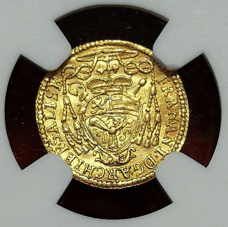 凡希社世界钱币微拍第二百七十一期 1714萨尔茨堡大主教弗朗茨·安东1/4杜卡特贸易金币NGC-MS62，0.875g， 987金，金色纯正！