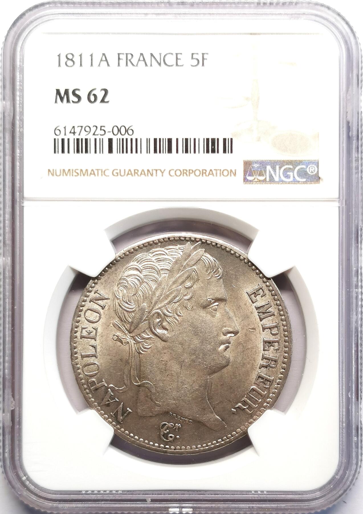 凡希社世界钱币微拍第二百七十一期 荐！1811A法兰西帝国拿破仑桂冠像5法郎大银NGC-MS62，粉光淡金彩，养眼美物！