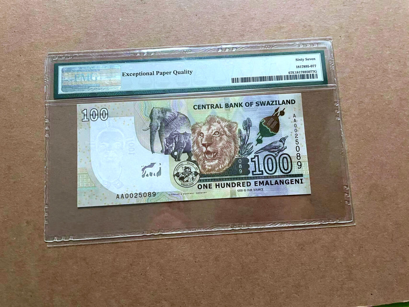 【Blue Auction】✨世界纸币精拍第485期【精】 【AA冠无47】斯威士兰 2017年100E PMG67EPQ 高分