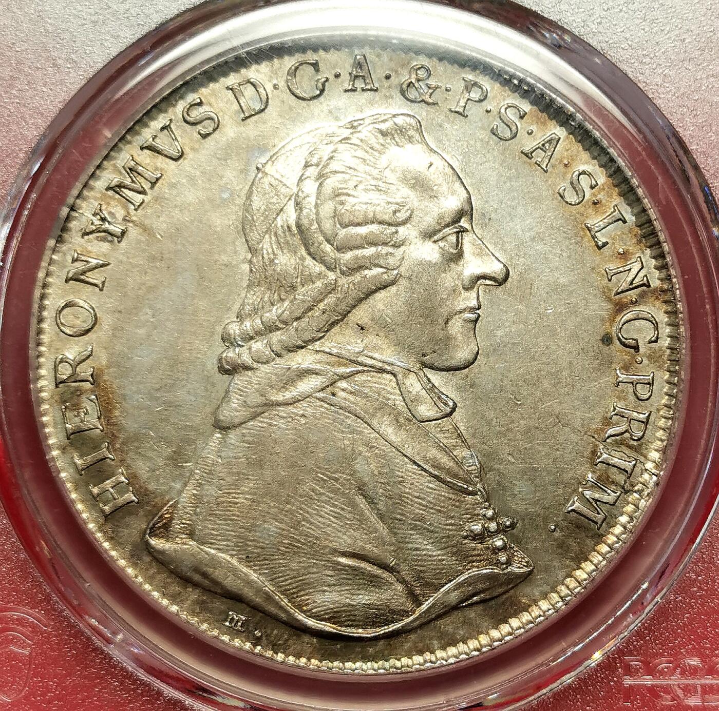 凡希社世界钱币微拍第二百七十一期 荐！1795萨尔茨堡亲王大主教希罗尼穆斯泰勒大银PCGS-MS61，铲形盾徽，香槟金彩！