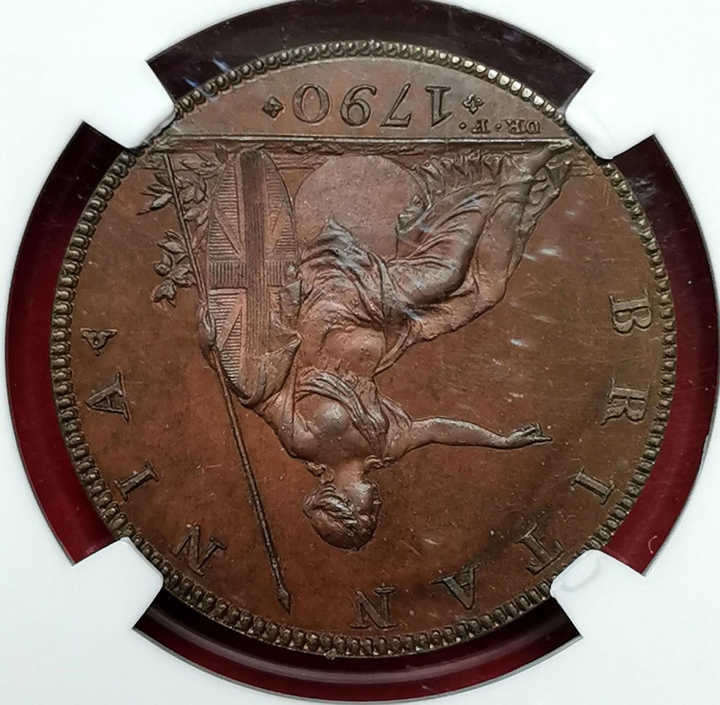 凡希社世界钱币微拍第二百八十六期 稀！1790英国Droz设计乔三像半便士铜样币NGC-PF66，出自著名的马修博尔顿家族收藏！Droz在与博尔顿短暂合作期间，为SOHO造币厂设计的一款乔三头像。为了设计这款头像，Droz曾多次觐见乔治三世并作写生，通过高度写实而传神的创作技巧，雕模师不仅艺术的再现了国王晚年的容貌，而且赋予他庄严的神性，不列颠正是在乔治三世的统治下走向日不落帝国的全盛期。 SOHO铸币史的重要见证，高阶藏家推荐！