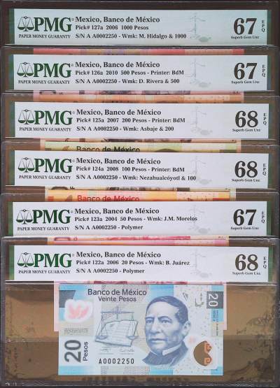 世界靓号纸钞第四十九期 - 墨西哥倒二版20-1000比索 稀有全同号 首发A冠 千位2250号 PMG67-68 超级高分 非常难得