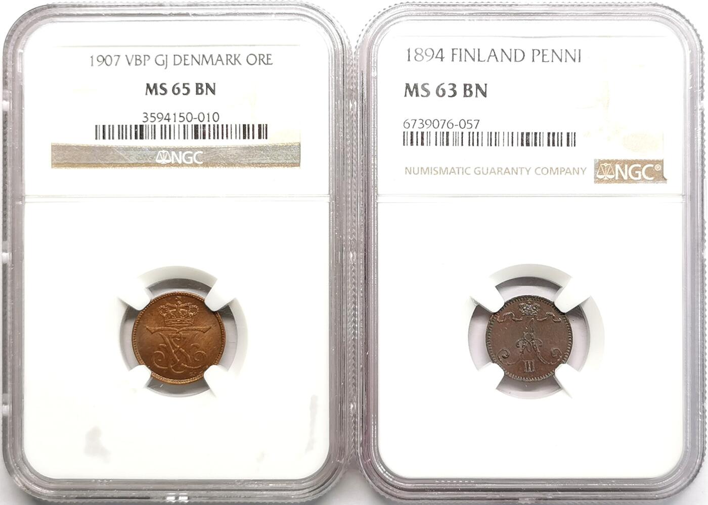 凡希社世界钱币微拍第二百七十一期 丹麦芬兰铜辅币一对NGC