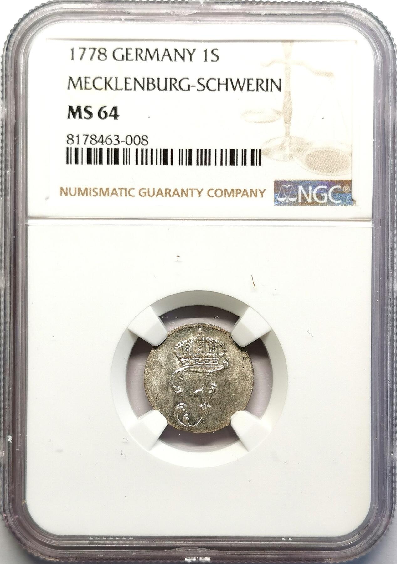 凡希社世界钱币微拍第二百七十一期 1778梅克伦堡什未林1S银辅币NGC-MS64，罕见原光品相！