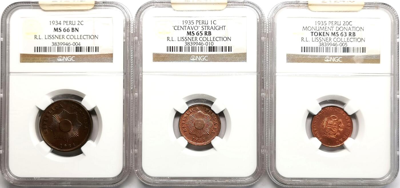 凡希社世界钱币微拍第二百七十一期 1934/5秘鲁1/2/20分铜币三枚NGC