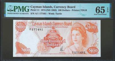 世界靓号纸钞第四十九期 - 1974年开曼100元 首发A1冠 稀少高冠女王最大面值 PMG65 