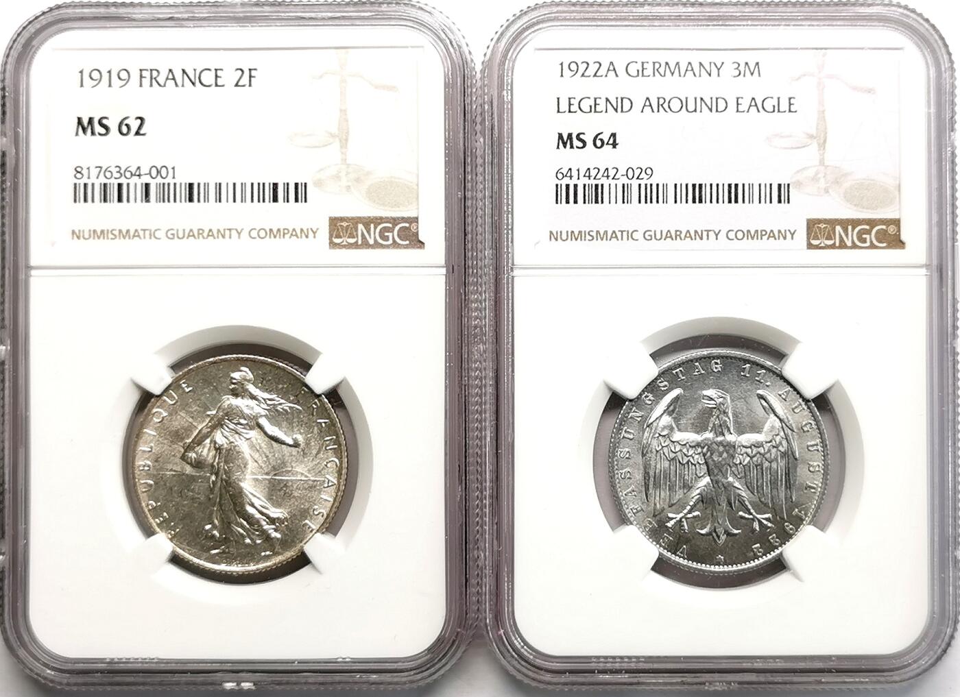 凡希社世界钱币微拍第二百七十一期 1919/22法国银法郎德国3马克铝币一对NGC-MS62/64