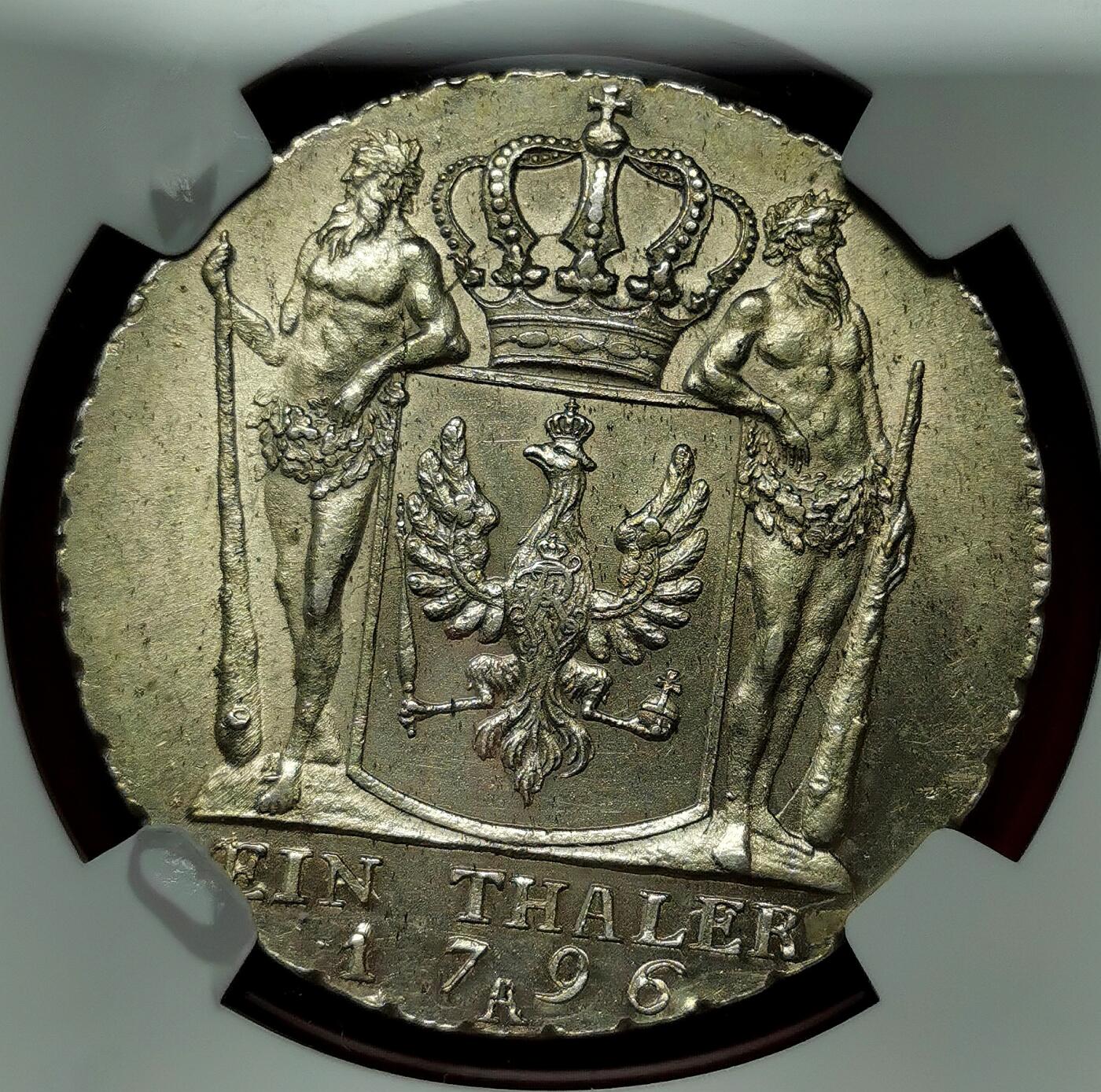 凡希社世界钱币微拍第二百七十一期 1796A德国普鲁士腓特烈威廉二世泰勒大银NGC-UNCD，压铸深峻，实物相当漂亮的一枚！