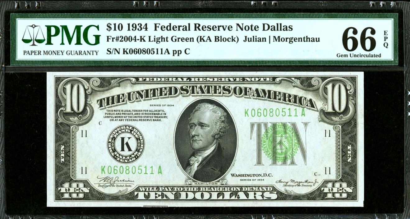【Blue Auction】✨世界纸币精拍第485期【精】 【无47 达拉斯11区 Light Green版非常少见 亚军分】美国 1934年10美金 PMG66EPQ 高分 汉密尔顿 老壳