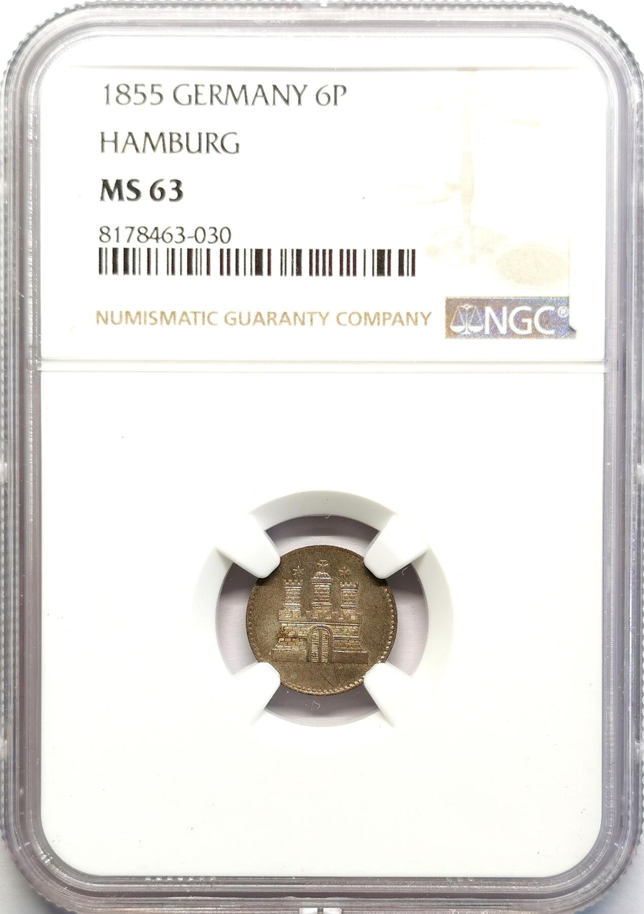 凡希社世界钱币微拍第二百七十一期 1855德国汉堡城徽6芬尼银币NGC-MS63