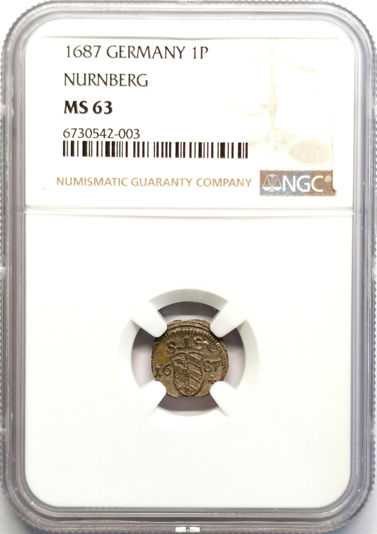 凡希社世界钱币微拍第二百七十一期 1687纽伦堡自由市1芬尼单面银币NGC-MS63