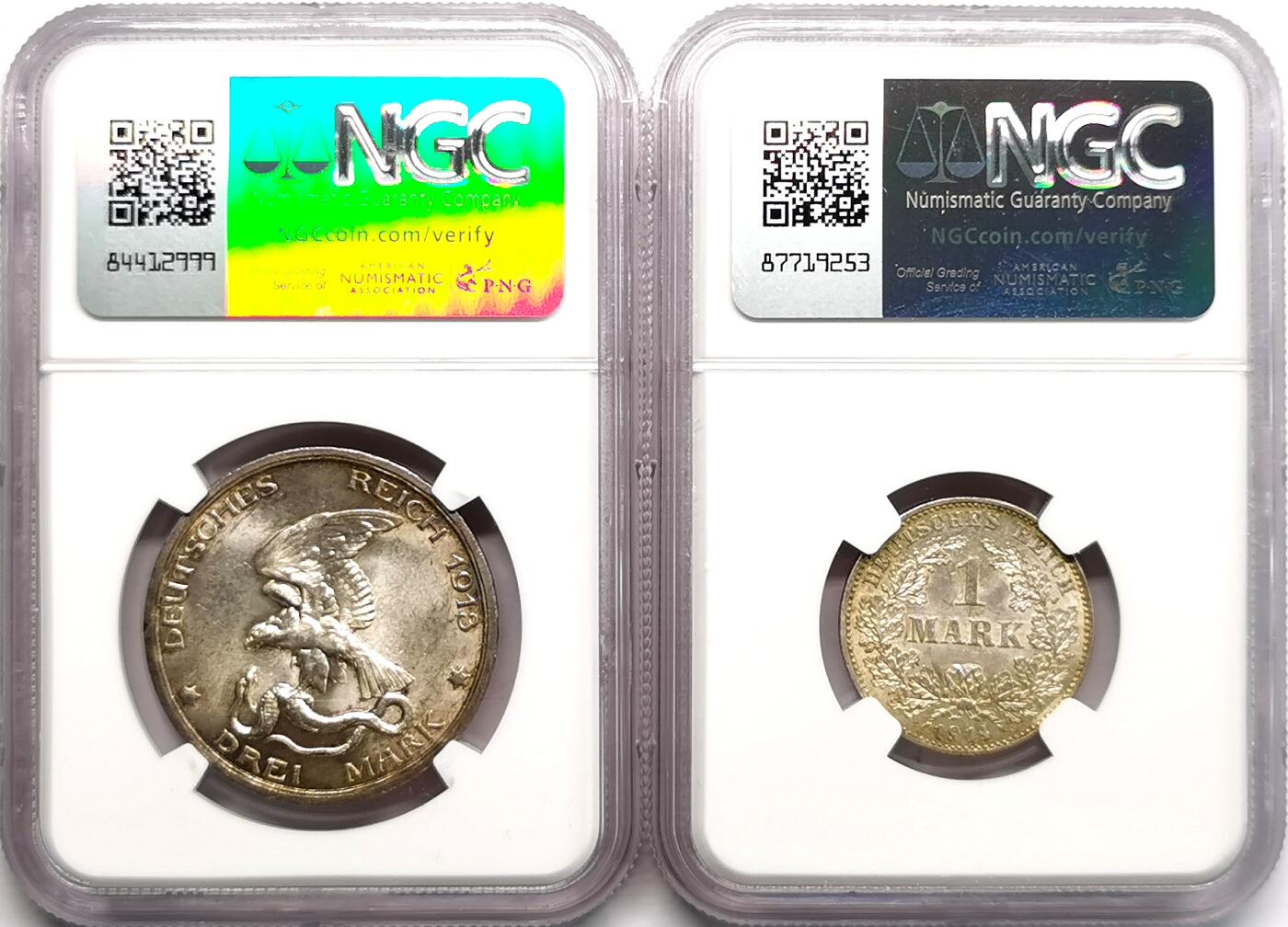 凡希社世界钱币微拍第二百七十一期 1913/14德国纪念3马克流通1马克两枚一组NGC-MS63