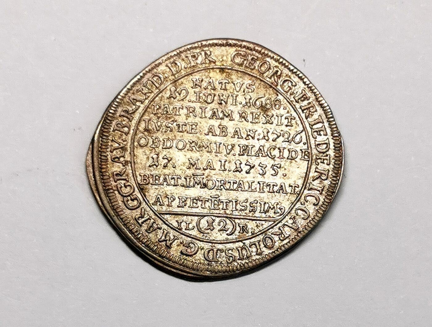 凡希社世界钱币微拍第二百七十一期 1755德国勃兰登堡-拜伊罗特1/12泰勒VF/XF，图案奇特！