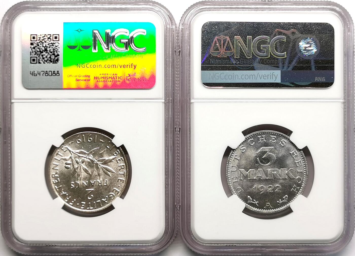 凡希社世界钱币微拍第二百七十一期 1919/22法国银法郎德国3马克铝币一对NGC-MS62/64