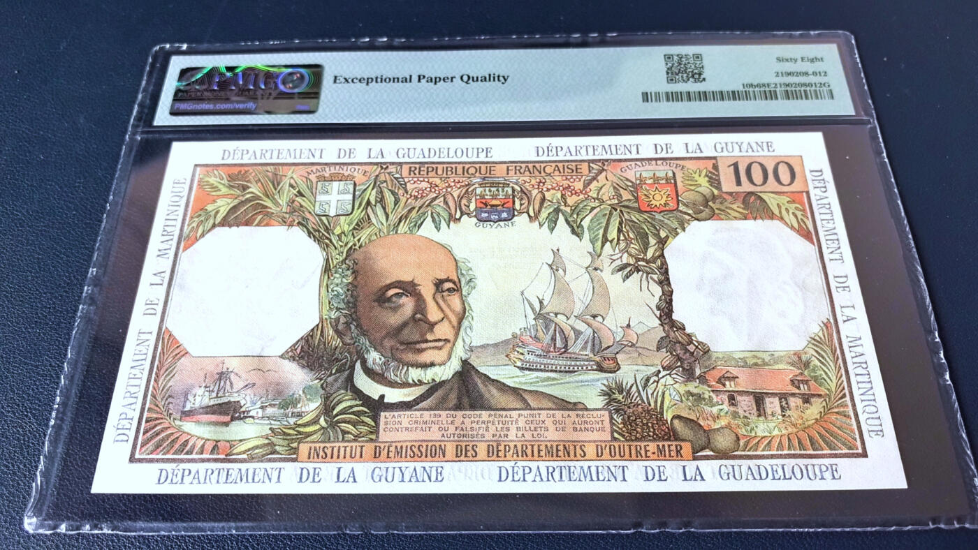 【Blue Auction】✨世界纸币精拍第485期【精】 【无47 仅1张更高分】法属安的列斯 1964年100法郎 PMG68EPQ 超高分 正反面废奴主义者Victor Schoelcher的大幅肖像十分醒目 