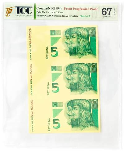 裱糊匠第一期拍卖 ＾＿＾ - TQG评级 67GEPQ ND(1994)年 克罗地亚 5库纳 试印/试色样票 三联体