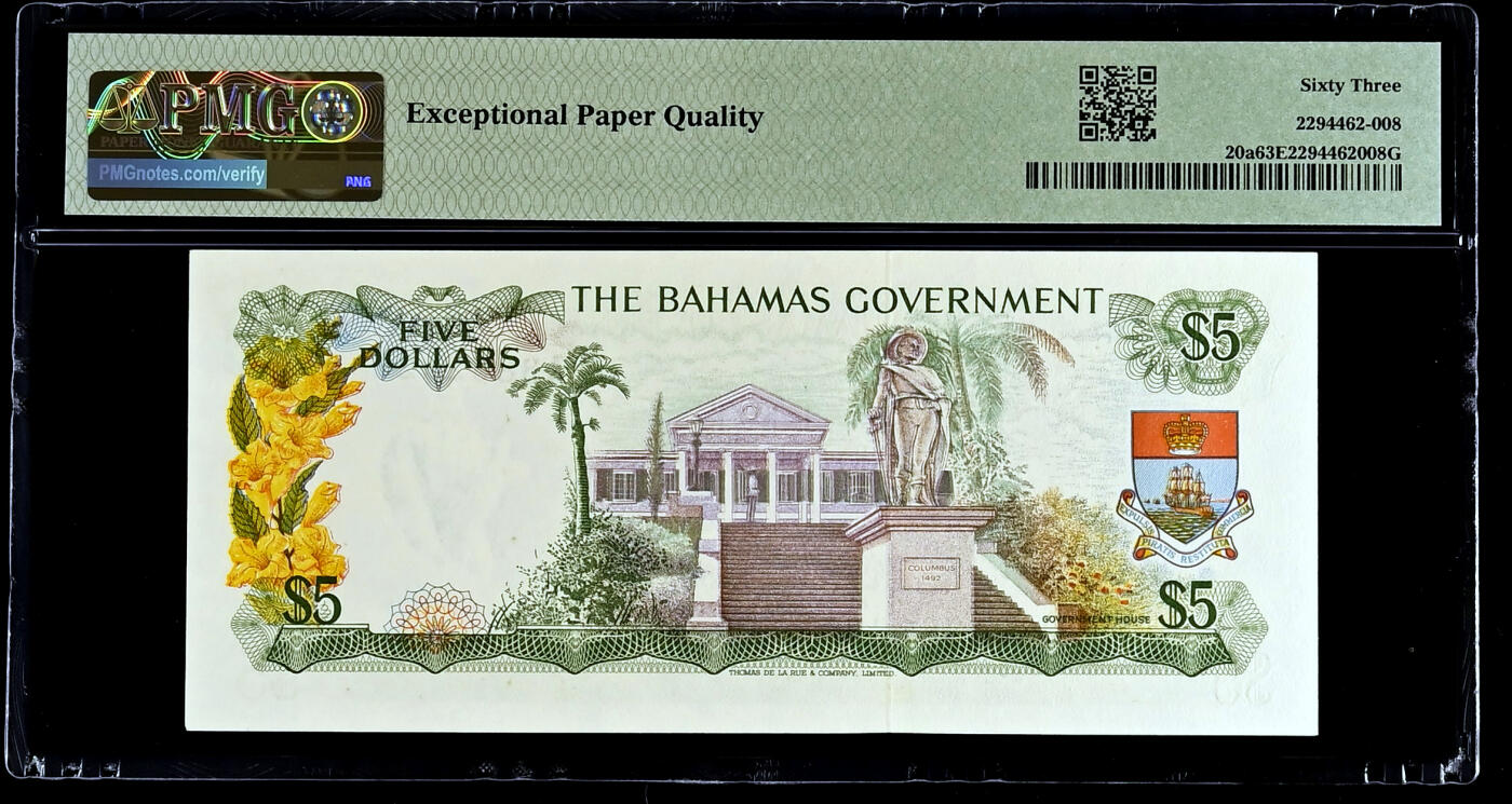 【Blue Auction】✨世界纸币精拍第485期【精】 【初版绿色版 A冠无47】巴哈马 1965年5元 女王 彩背 PMG63EPQ 原票