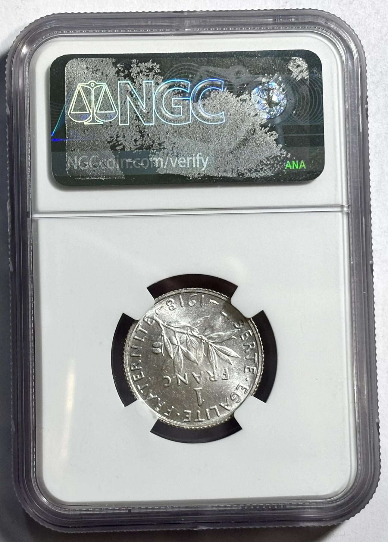 紫瑗钱币——第360期拍卖 法国 1918年 播种女神 1法郎 银币 NGC MS63