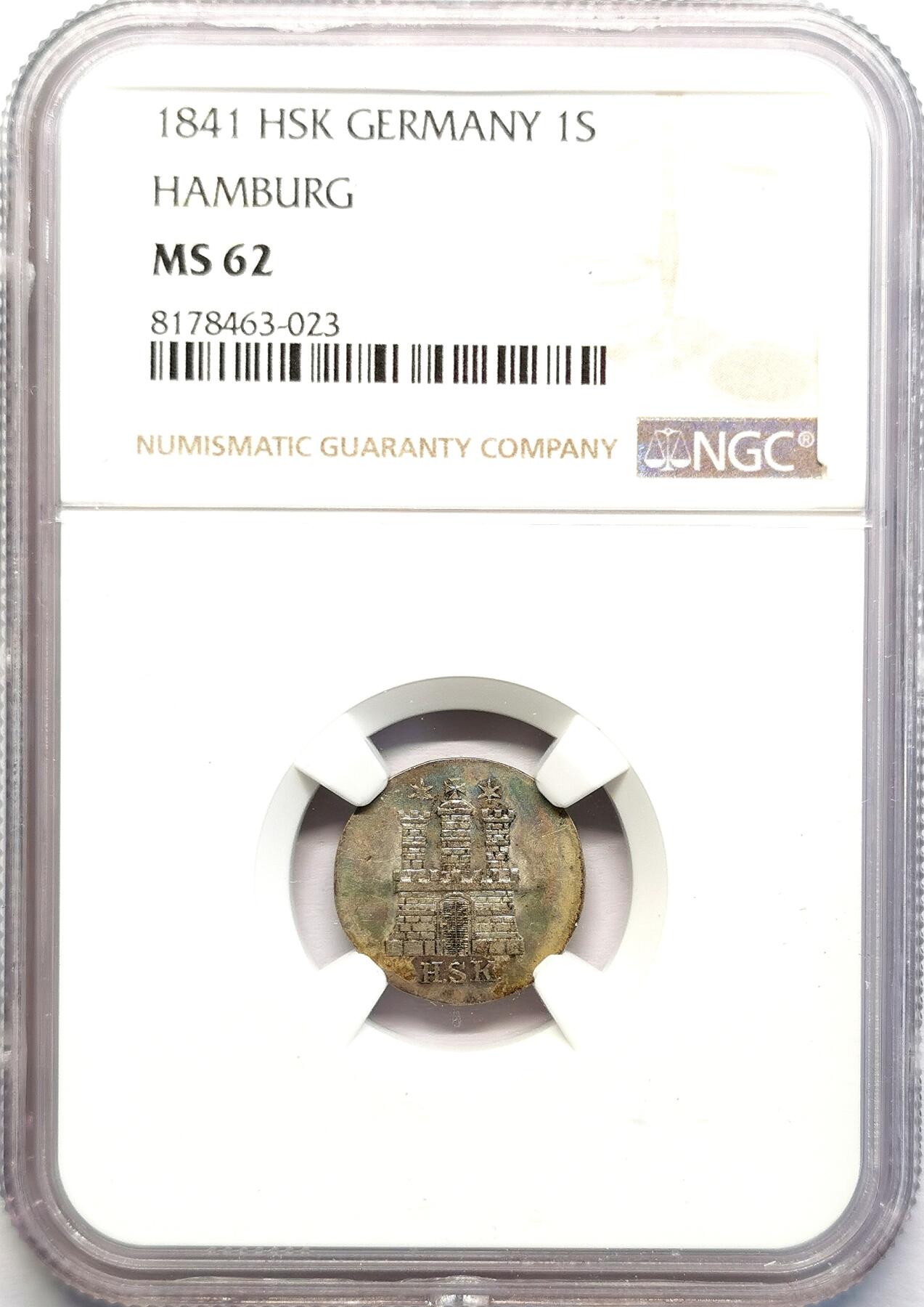 凡希社世界钱币微拍第二百七十一期 1841汉堡城徽1S银辅币NGC-MS62