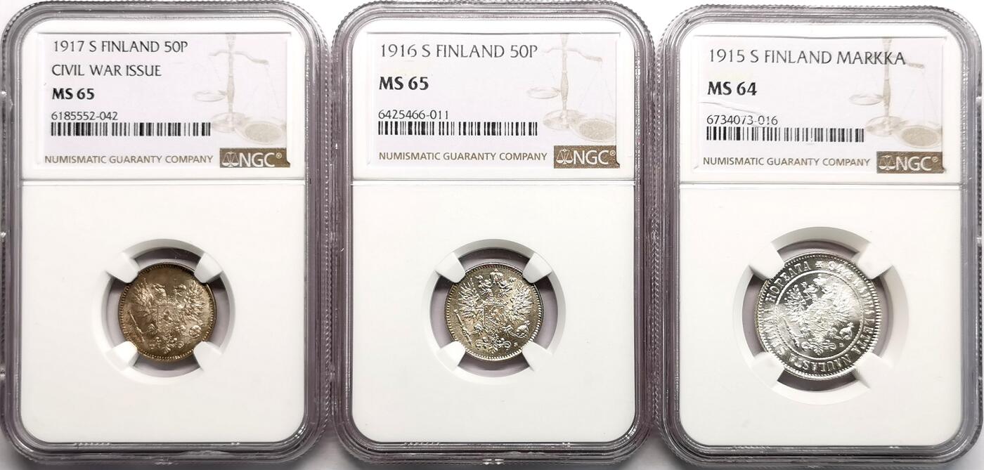 凡希社世界钱币微拍第二百七十一期 1915/6芬兰50盆尼/马克银币三枚一组NGC-MS64/65/65
