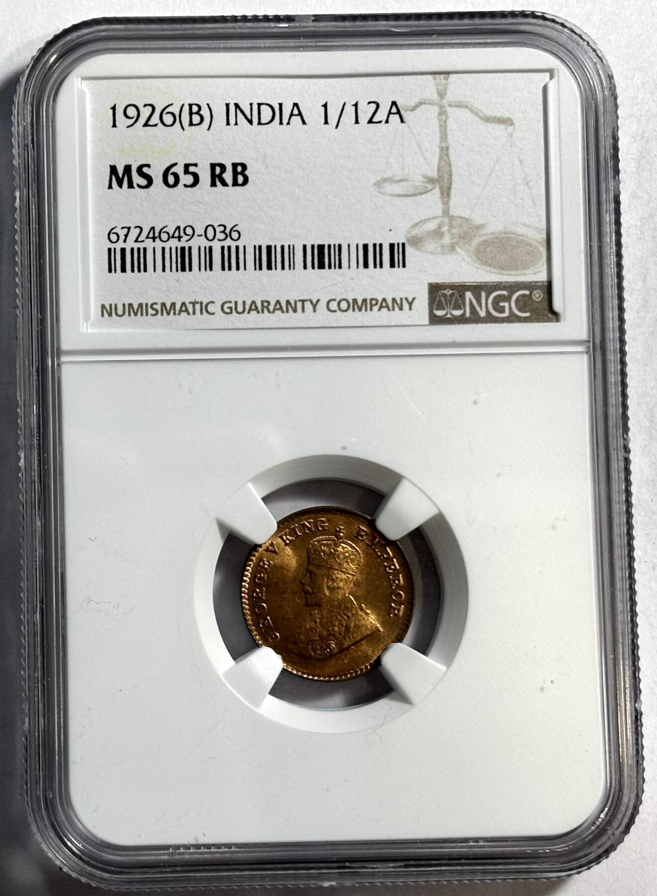 紫瑗钱币——第360期拍卖 英属印度 1926年 B版 乔治五世 1/12安娜 铜币 NGC MS65 RB