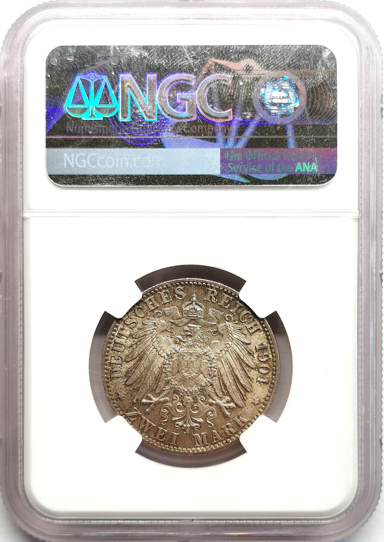 凡希社世界钱币微拍第二百七十一期 1904J德国不来梅2马克NGC-MS64，淡彩黄光！