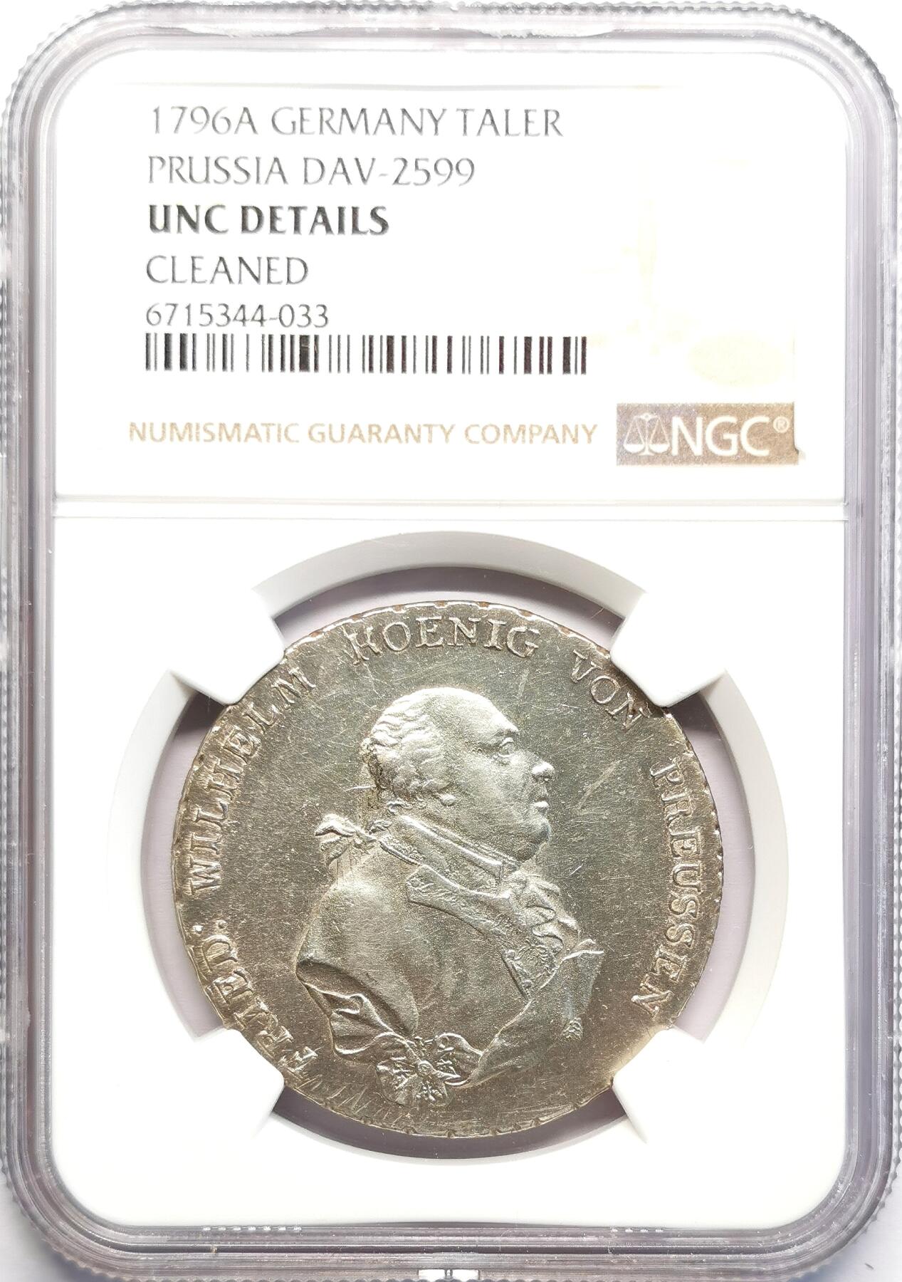 凡希社世界钱币微拍第二百七十一期 1796A德国普鲁士腓特烈威廉二世泰勒大银NGC-UNCD，压铸深峻，实物相当漂亮的一枚！