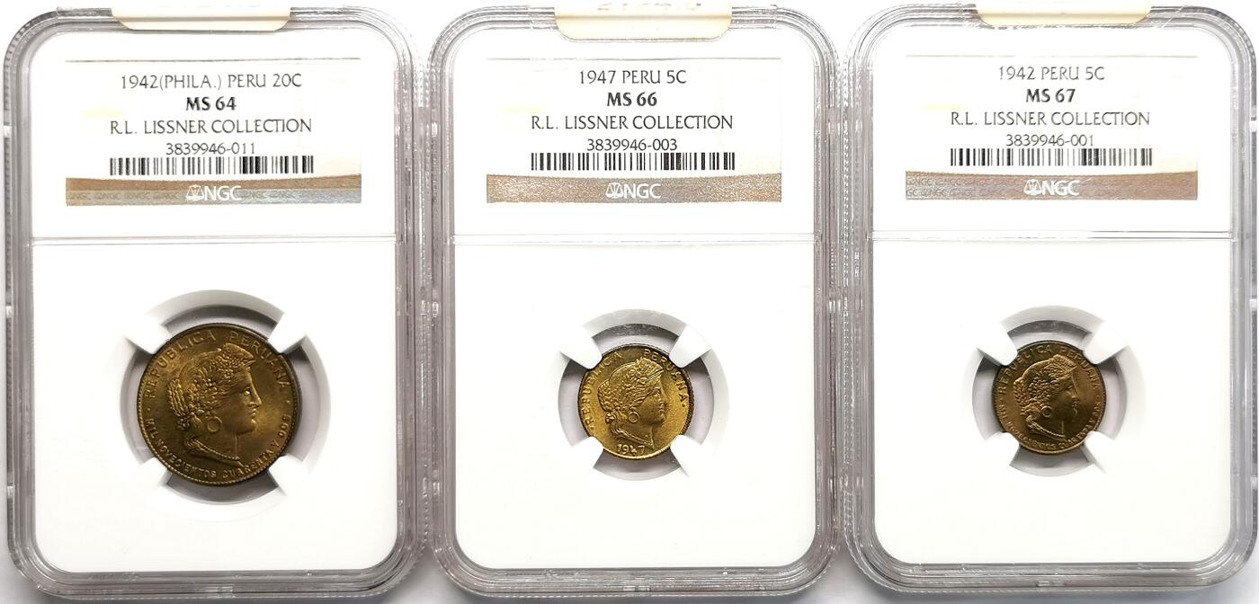凡希社世界钱币微拍第二百七十一期 1942/7秘鲁5分/20分黄铜币三枚一组NGC-MS64/66/67