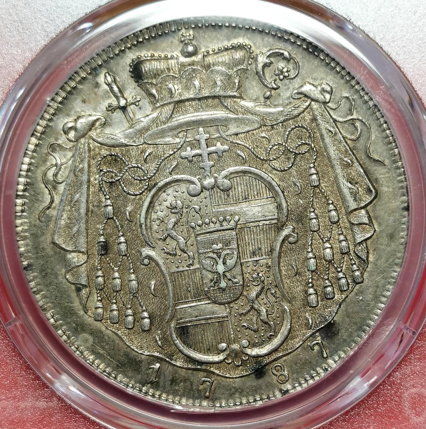 凡希社世界钱币微拍第二百七十一期 荐！1787M萨尔茨堡亲王大主教希罗尼穆斯泰勒大银PCGS-MS62，稀少的巴洛克式盾徽！