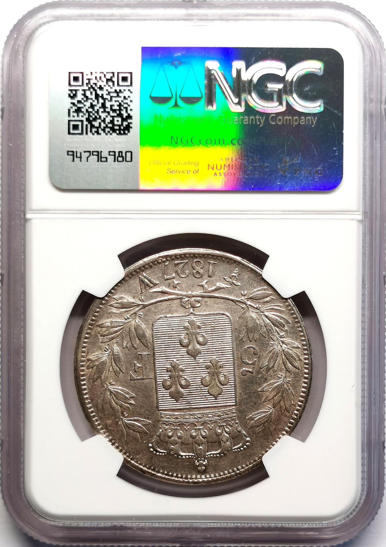 凡希社世界钱币微拍第二百七十一期 1827W法国查理十世5法郎大银NGC-AUD