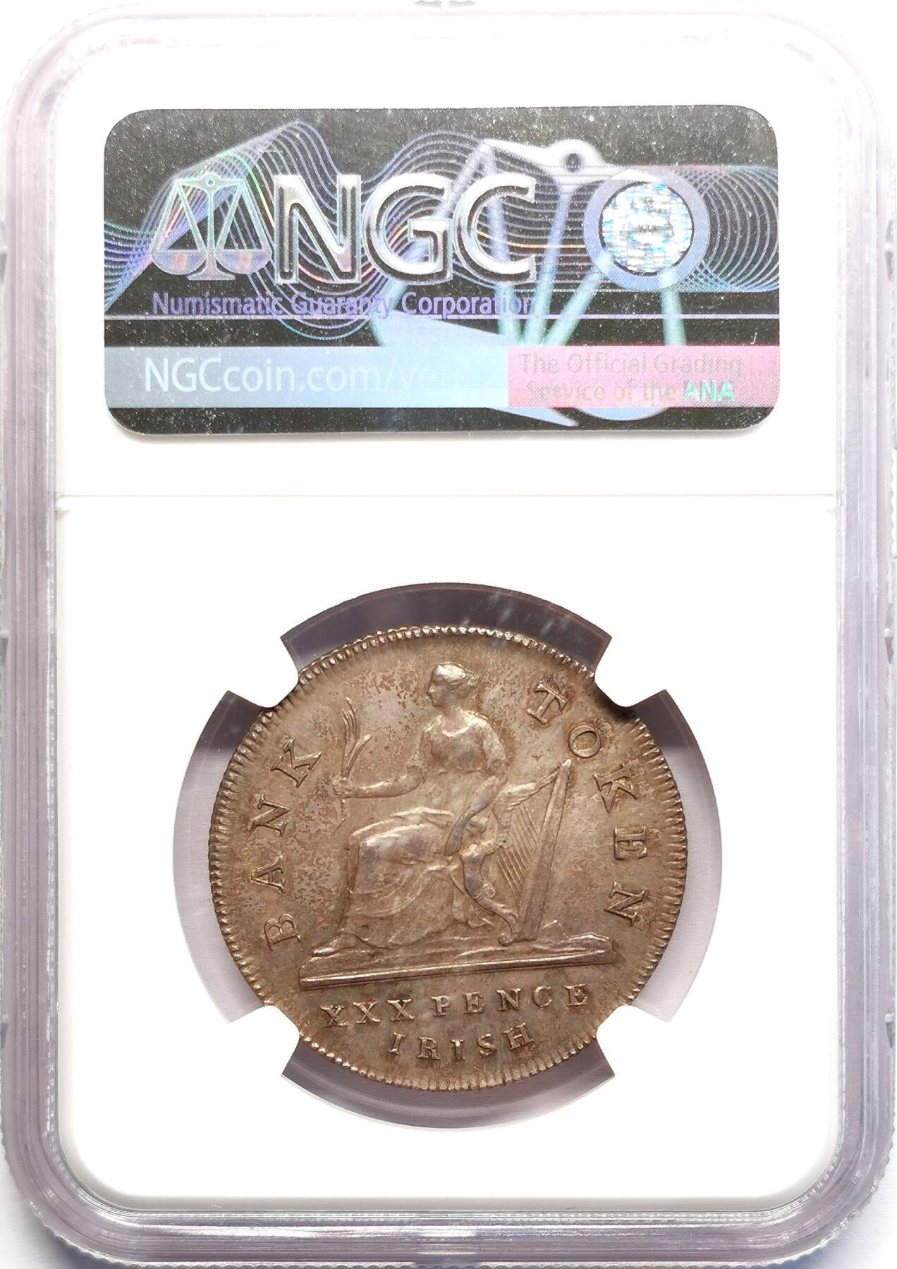 凡希社世界钱币微拍第二百七十一期 荐！1808爱尔兰乔治三世30便士银代用币NGC-MS64，传世烟熏深五彩，底板表面没有常见的裂纹或气泡形成的坑，完美藏家品质！