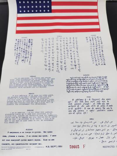 老王徽章第四十二期 - 美国韩战时期血符   中日韩英法等13种语言   丝绸材质带编号