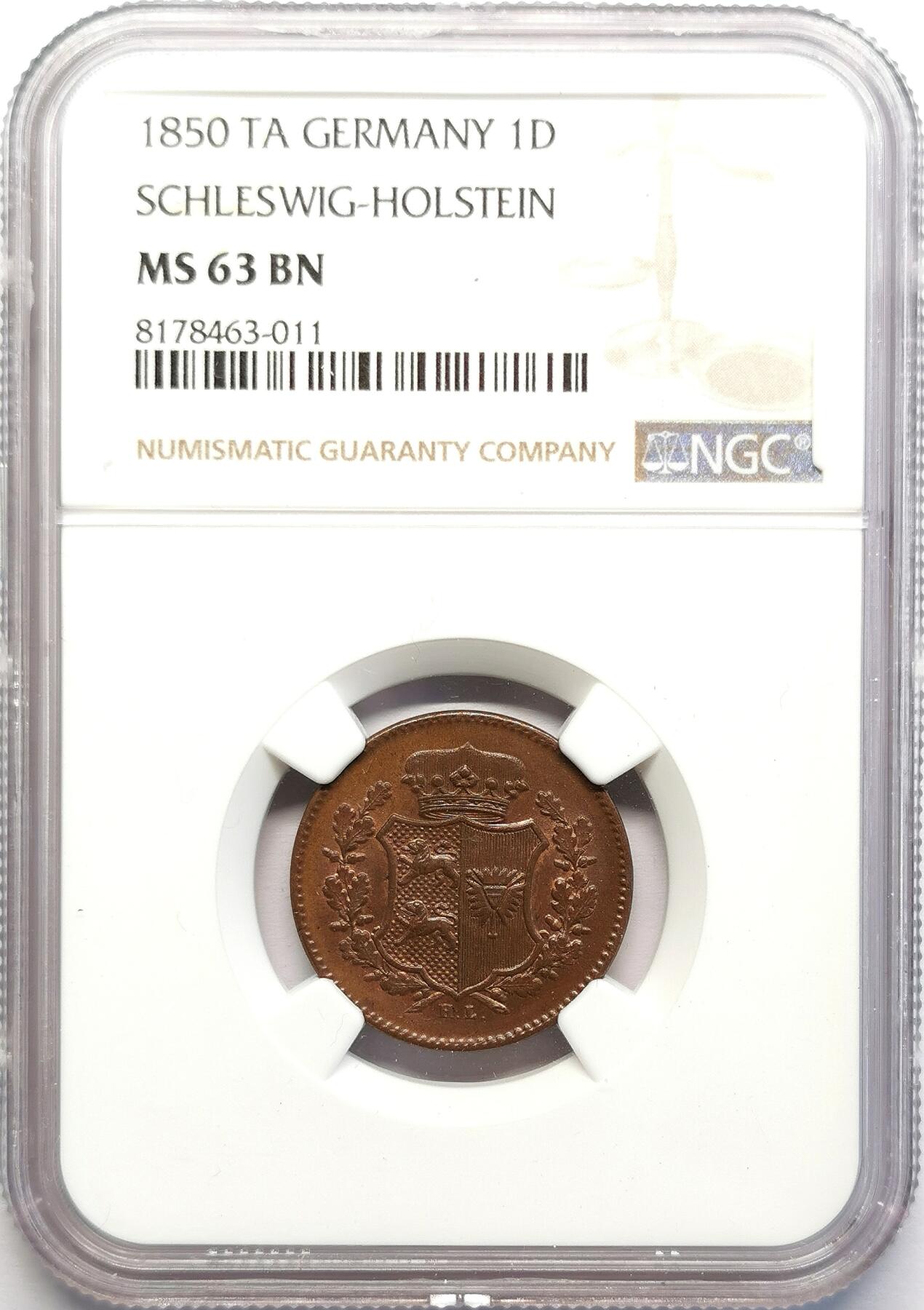 凡希社世界钱币微拍第二百七十一期 1850石勒苏益格-荷尔斯坦因临时政府1Dreiling铜币NGC-MS63，少见的一年型品种，MS稀有！