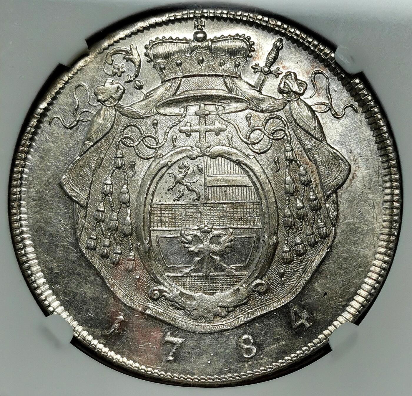 凡希社世界钱币微拍第二百七十一期 1784萨尔茨堡亲王大主教希罗尼穆斯泰勒大银NGC-MS61，椭圆盾徽，原银光质感一流！