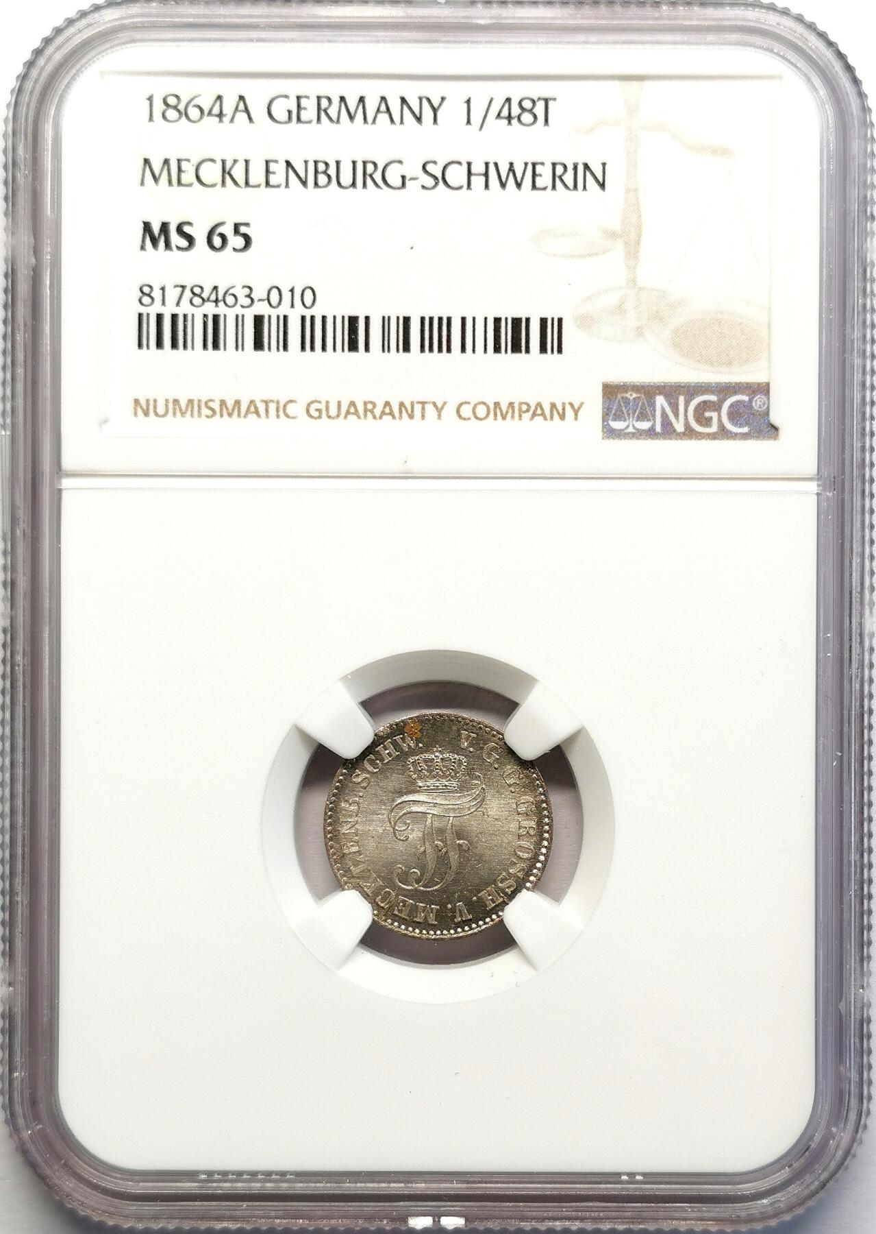 凡希社世界钱币微拍第二百七十一期 1864A梅克伦堡什未林1/48泰勒银辅币NGC-MS65