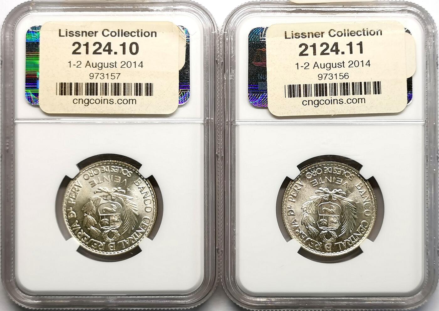 凡希社世界钱币微拍第二百七十一期 1965/6秘鲁20S银币NGC-MS66/67