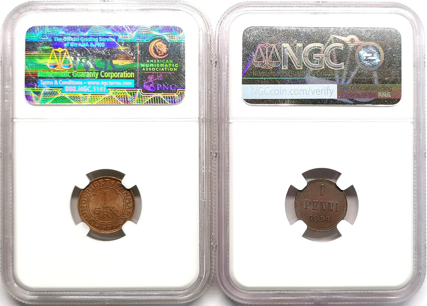 凡希社世界钱币微拍第二百七十一期 丹麦芬兰铜辅币一对NGC