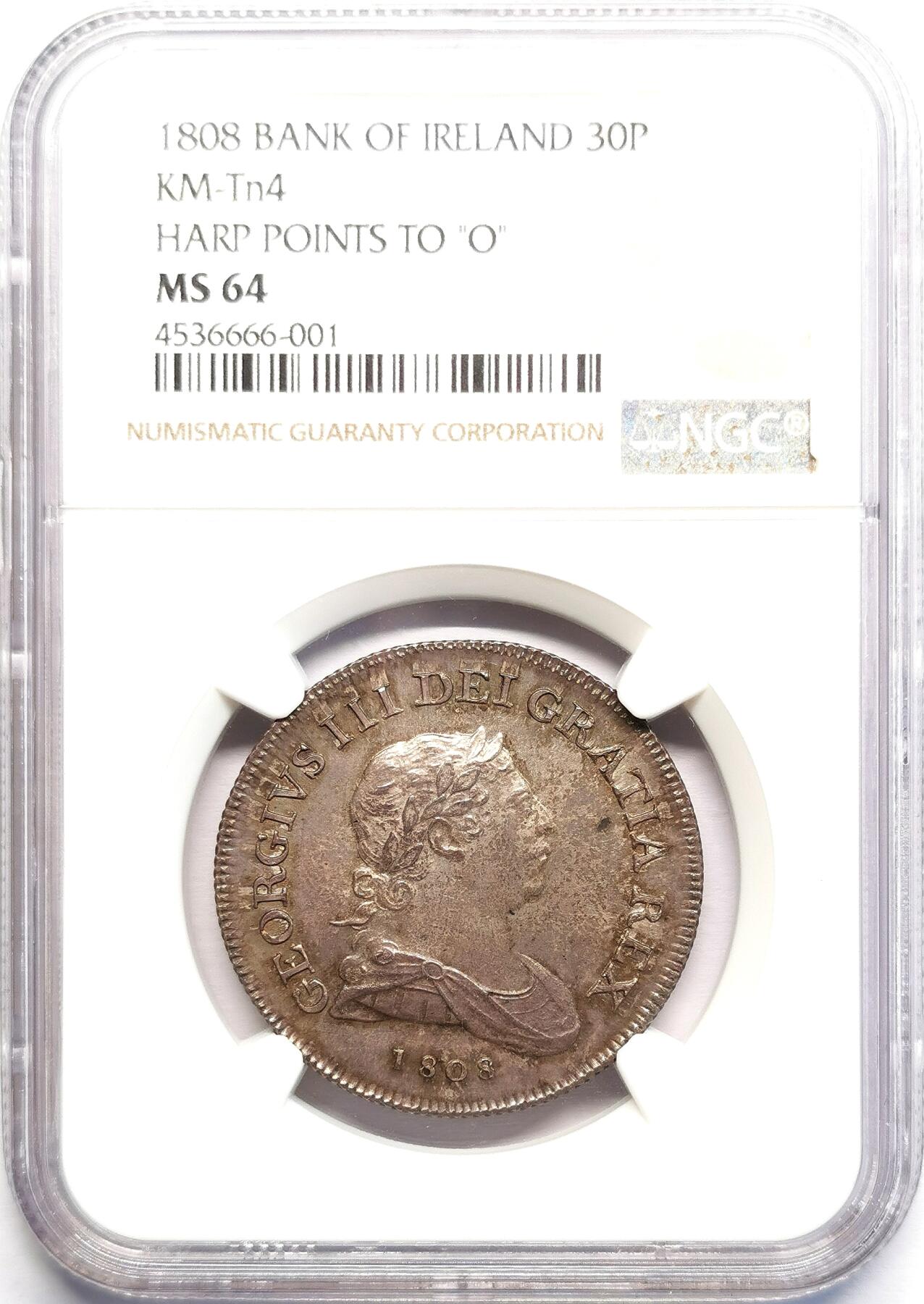 凡希社世界钱币微拍第二百七十一期 荐！1808爱尔兰乔治三世30便士银代用币NGC-MS64，传世烟熏深五彩，底板表面没有常见的裂纹或气泡形成的坑，完美藏家品质！