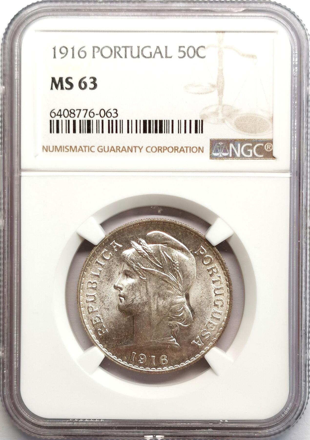 凡希社世界钱币微拍第二百七十一期 1916葡萄牙女神版50分银币NGC-MS63