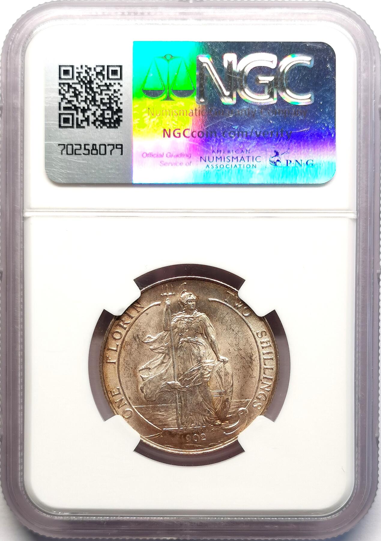 凡希社世界钱币微拍第二百七十一期 1902英国爱七海神佛罗林NGC-MS63，淡金彩迷人！