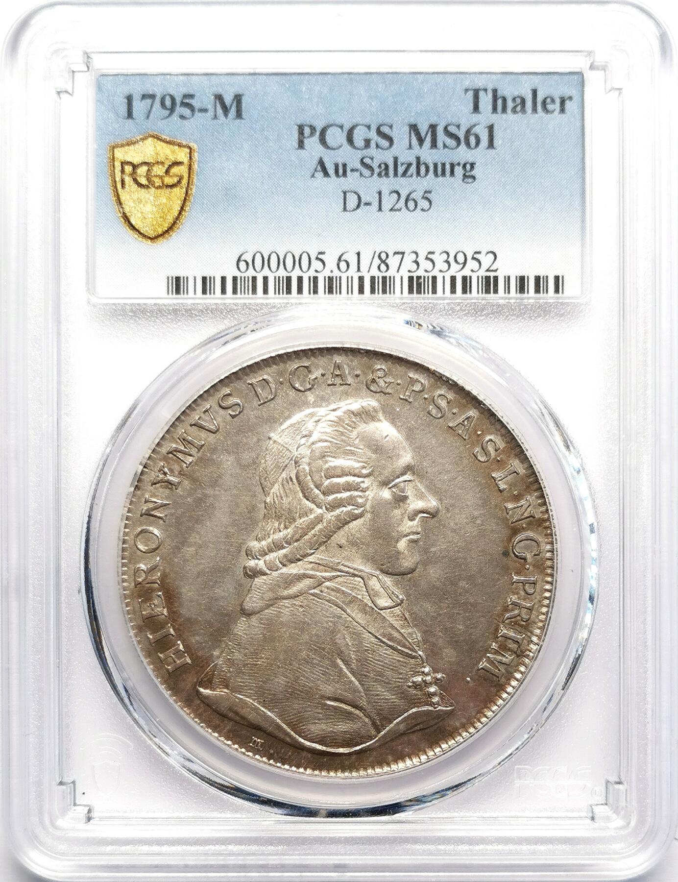 凡希社世界钱币微拍第二百七十一期 荐！1795萨尔茨堡亲王大主教希罗尼穆斯泰勒大银PCGS-MS61，铲形盾徽，香槟金彩！