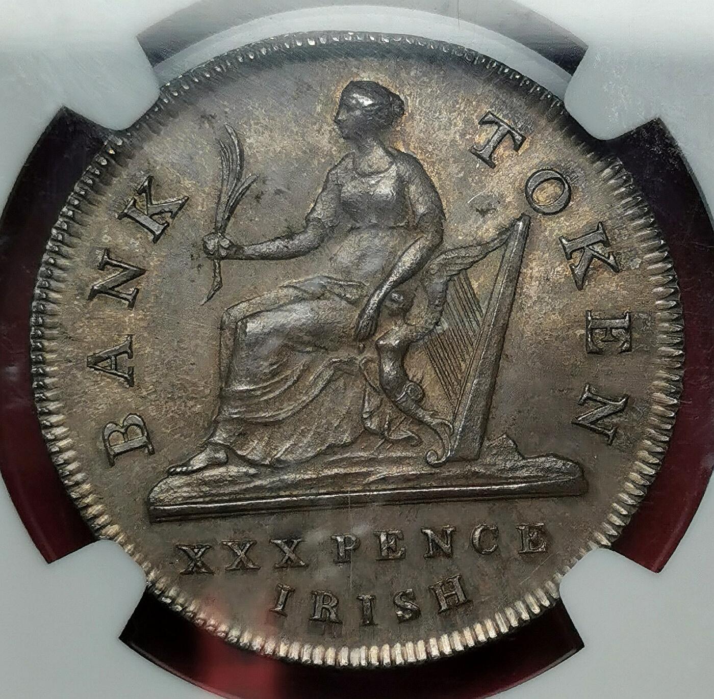 凡希社世界钱币微拍第二百七十一期 荐！1808爱尔兰乔治三世30便士银代用币NGC-MS64，传世烟熏深五彩，底板表面没有常见的裂纹或气泡形成的坑，完美藏家品质！