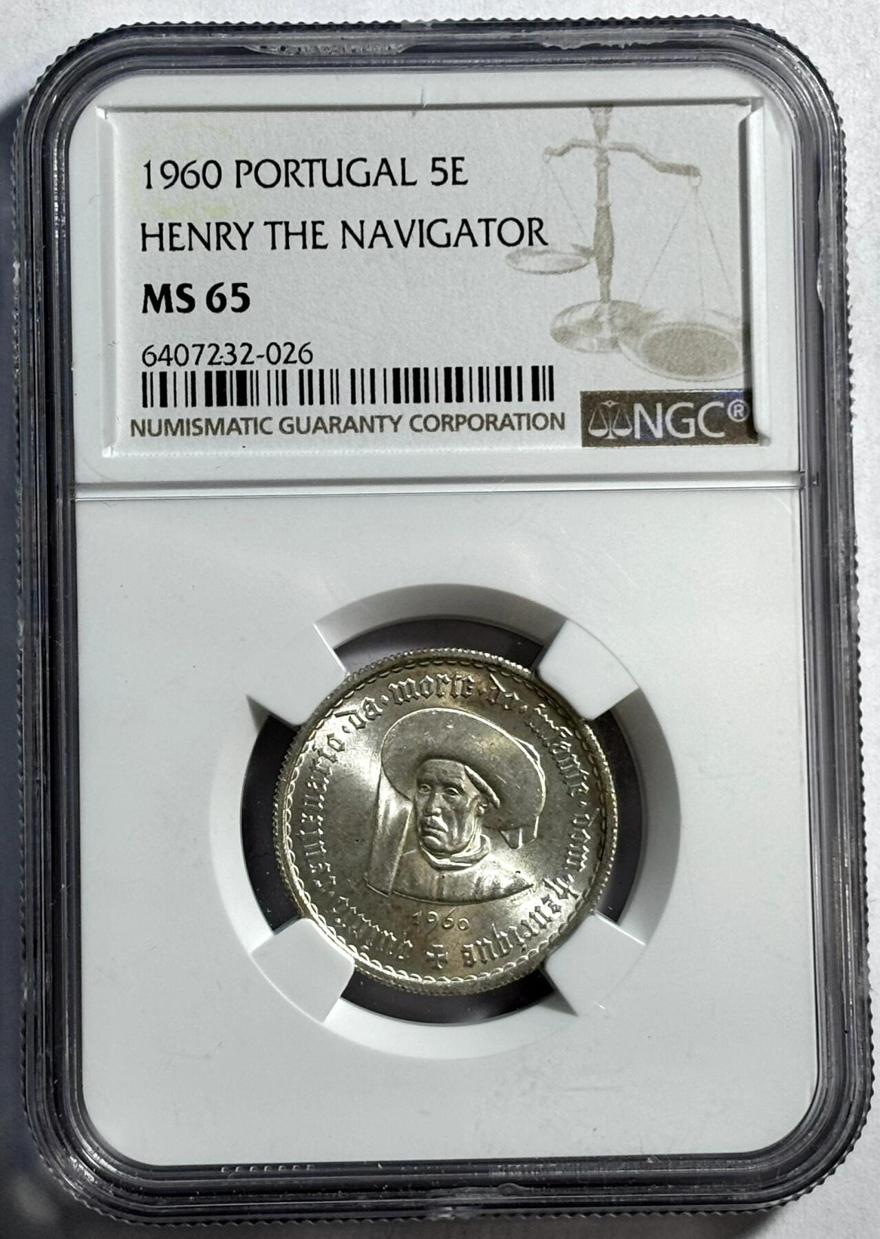 紫瑗钱币——第360期拍卖 葡萄牙 1960年 亨利王子500周年 5埃斯库多 银币 NGC MS65