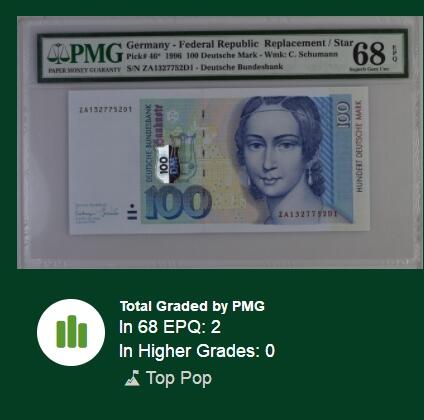 【Blue Auction】✨世界纸币精拍第485期【精】 【补号冠军分 仅2张 p46*】德国 1996年100马克 克拉拉 PMG68EPQ 超高分 