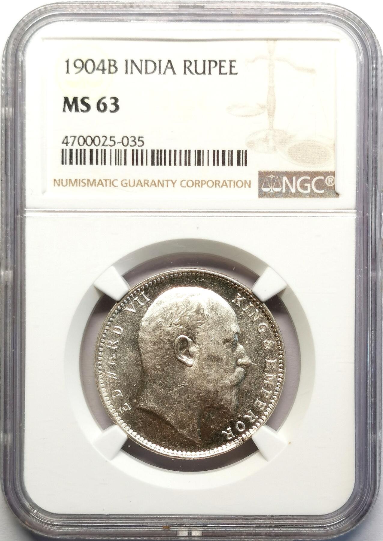凡希社世界钱币微拍第二百七十一期 1904B英属印度爱七卢比NGC-MS63，背面七点方位有一模具缺陷。